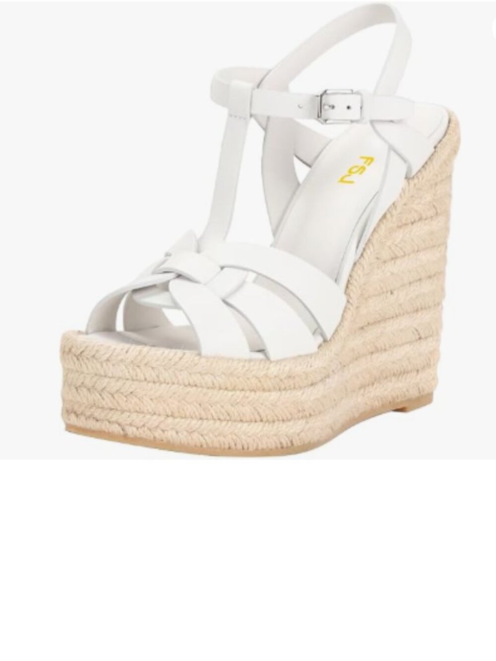 FSJ White Open Toe Espadrille Platform Ankle Strap Wedge Woven Cutout Sandals